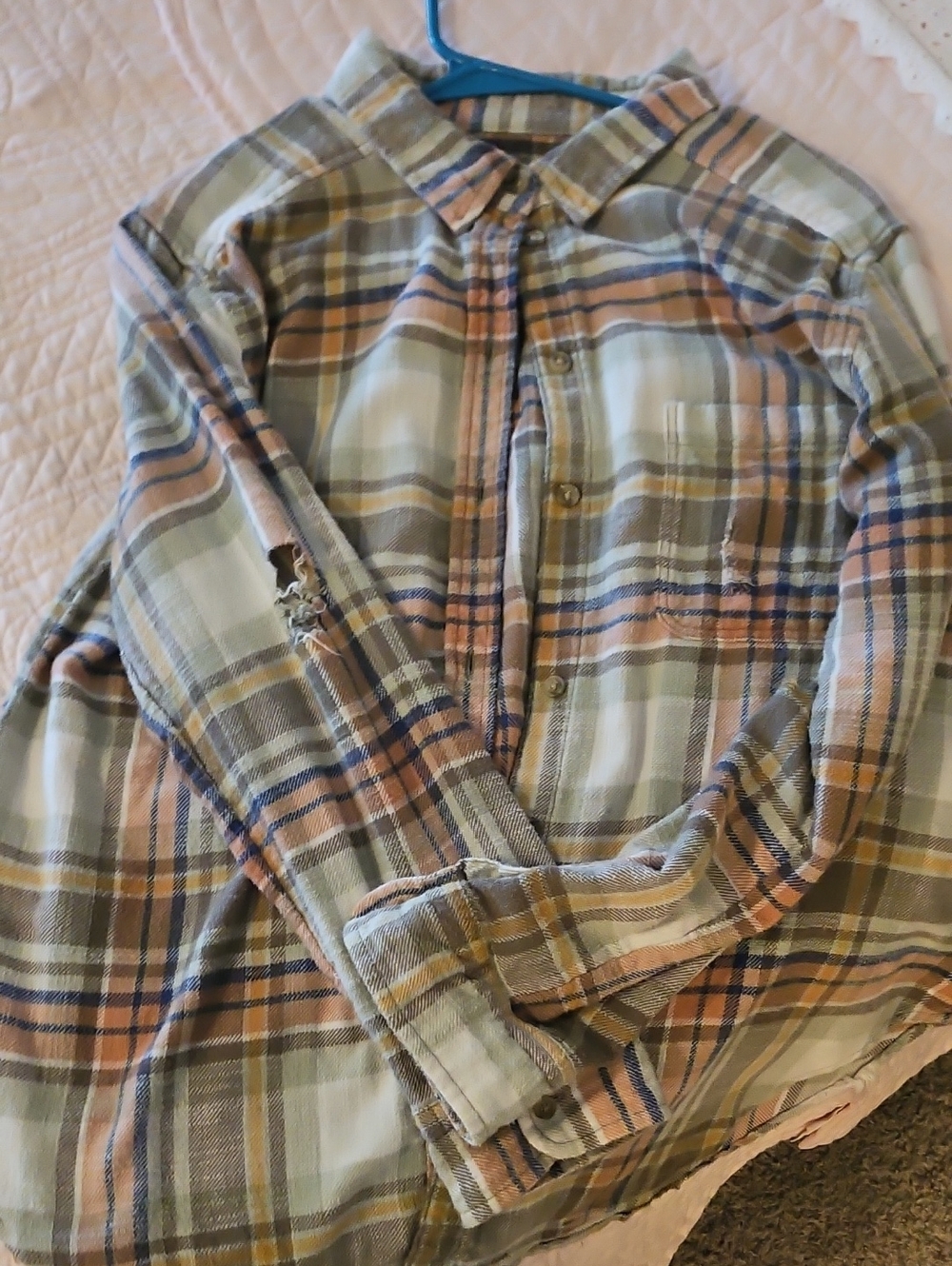American Eagle Outfitters Plaid Shirt in Peach, Sage & Navy